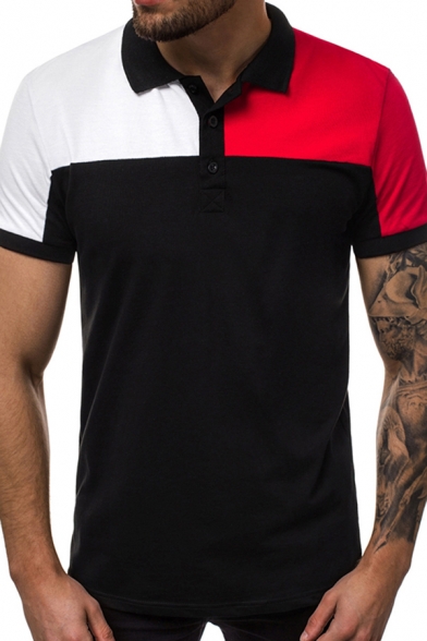 Casual Men's Polo Shirt Contrast Panel Color Block Button Detail Spread Collar Short Sleeves Regular Fitted Polo Shirt