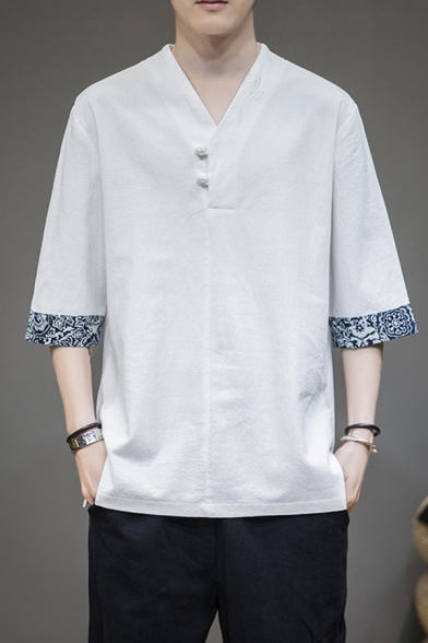 Casual Men's Tee Top Contrast Trim Horn Button V Neck Half Sleeve Regular Fitted T-Shirt