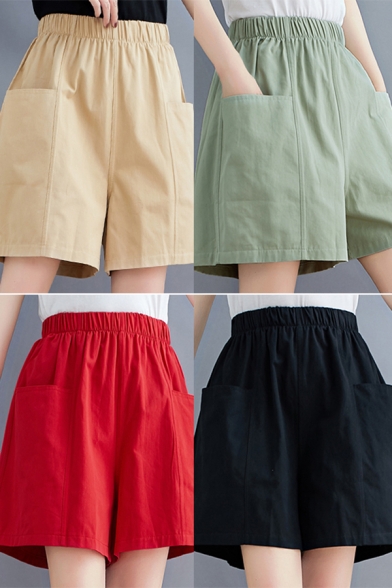 Casual Women's Shorts Solid Color Elastic Waist Front Pocket Regular Fitted Straight Shorts