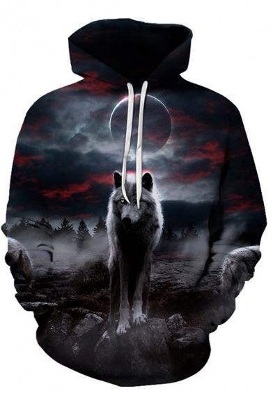 Cozy Men's Hoodie Wolf 3D Digital Print Long Sleeve Drawstring Hooded Sweatshirt