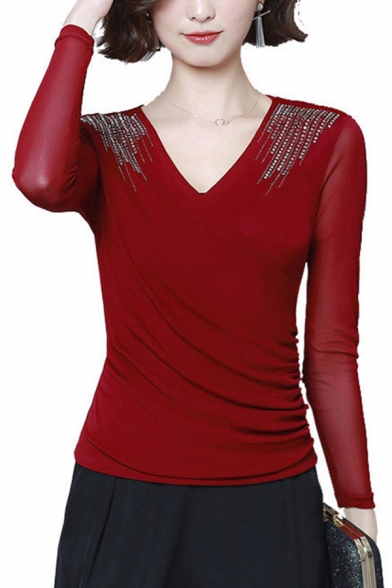Elegant Womens T Shirt Rhinestone Decoration Long Sleeve V-neck Slim Fitted Tee Top