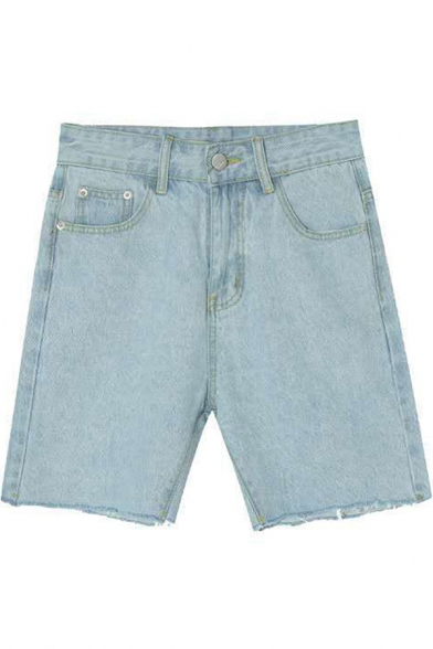 Fancy Men's Denim Shorts Light Wash High Rise Side Pocket Frayed Cuffs Knee Length Straight Denim Shorts