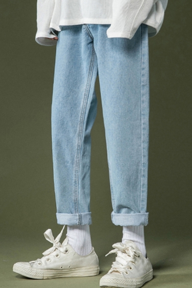 Fancy Men's Jeans Faded Wash Pocket Design Zip Fly Ankle Length Jeans Tapered Denim Jeans