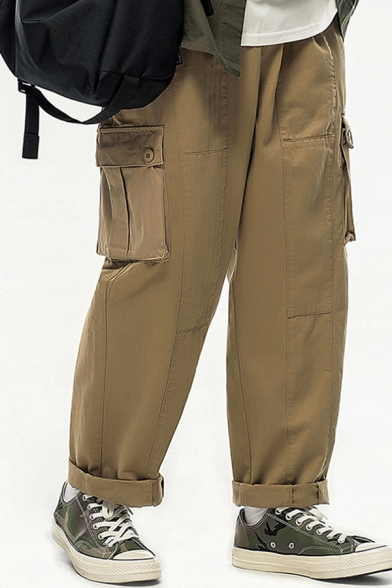 Fancy Men's Pants Plain Flap Pocket Side Pocket Long Tapered Pants
