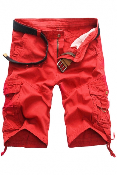 Fancy Men's Shorts Solid Color Zip Fly Pocket Mid Waist Flap Pocket Straight Regular Fitted Shorts