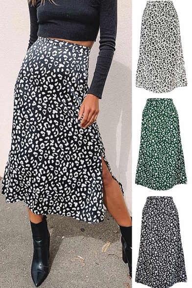 Fashion Womens Skirt Leopard Print High Rise Slit Side Mid A-line Skirt