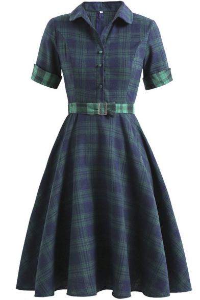 Girls Retro Dress Plaid Printed Roll Up Sleeve Spread Collar Button Up Belted Midi Pleated A-line Shirt Dress in Green