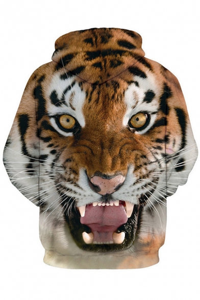 Leisure Men's Hoodie Tiger 3D Pattern Front Pocket Long Sleeve Drawstring Hooded Sweatshirt