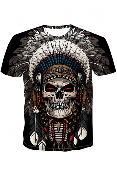 Leisure Men's Tee Top Tribal Skull Digital 3D Print Crew Neck Short Sleeve T-Shirt