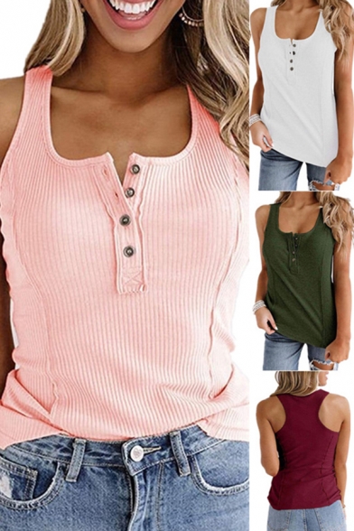 Leisure Women's Tank Top Solid Color Button Detail Ribbed Knit Strap Scoop Neck Sleeveless Regular Fitted Tank Top