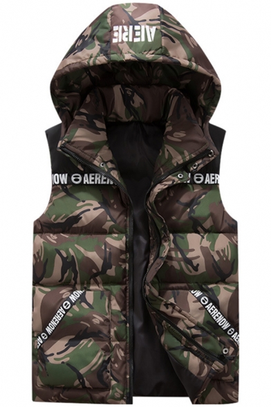 Suncolor8 Men Hooded Winter Sleeveless Camo Print Quilted Down Puffer Vest Jacket Outerwear 