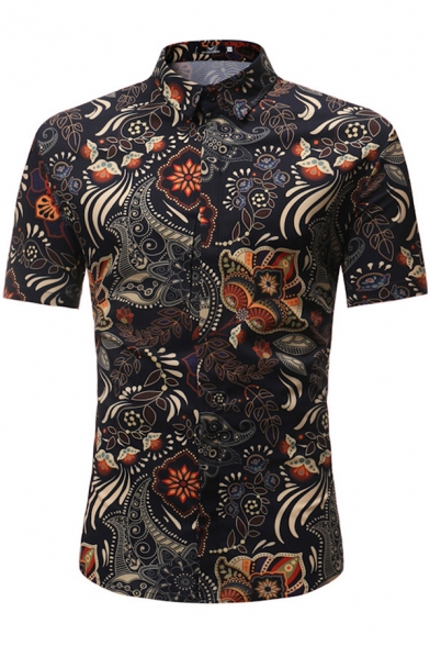 Mens Vintage Shirt Flower Printed Short Sleeve Turn Down Collar Button Up Slim Fitted Shirt Top in Black
