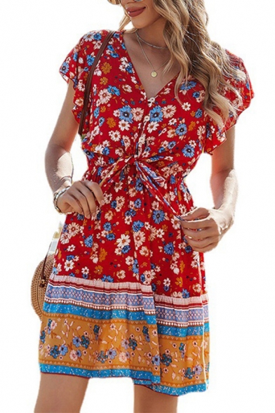 Pretty Womens Dress Floral Print Short Sleeve V-neck Tied Front Short A-line Dress in Red