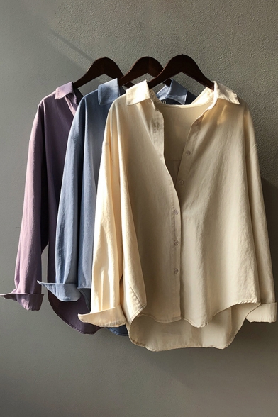 Retro Women's Shirt Blouse Plain Button Fly Spread Collar Side Split Long Sleeves Relaxed Fit Shirt Blouse