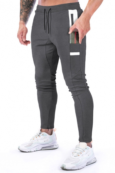 Simple Mens Pants Contrated Zipper Detail Drawstring Waist Ankle Fitted Pants
