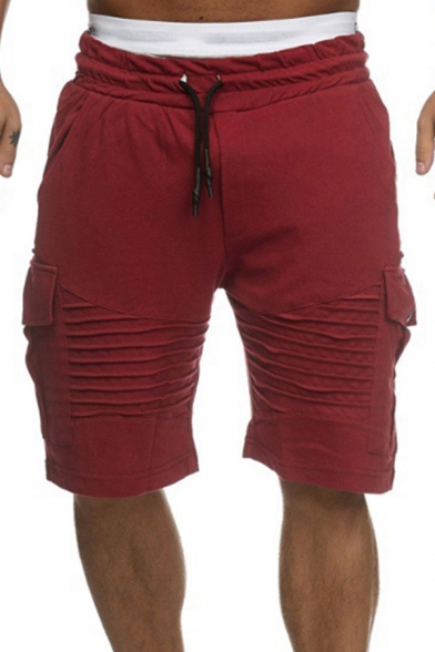 Stylish Men's Pants Plain Pleated Detail Flap Pocket Drawstring Waist Knee Length Pants