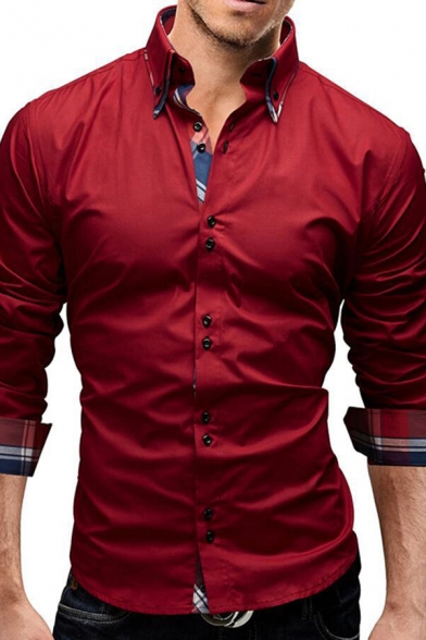 Stylish Men's Shirt Contrast Trim Button Fly Turn-down Collar Long Sleeves Slim Fitted Shirt