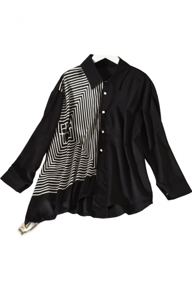 Stylish Women's Shirt Blouse Contrast Panel Asymmetrical Hem Point Collar Long Sleeve Relaxed Fit Shirt Blouse