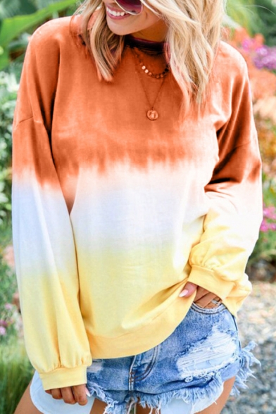 Stylish Women's Sweatshirt Tie Dye Pattern Round Neck Long Sleeves Regular Fitted Sweatshirt