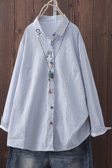 Trendy Girls Shirt Cartoon Rabbit Embroidery Long Sleeve Spread Collar Button Up Relaxed Shirt Top
