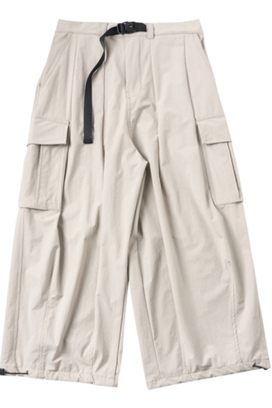 Trendy Men's Pants Flap Pocket Zip Fly Buckle Detailed Drawstring Hem Wide Leg Pants