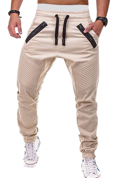 Trendy Men's Pants Pleated Design Contrast Piping Zip Pocket Elastic Drawstring Waist Banded Cuffs Ankle Length Pants