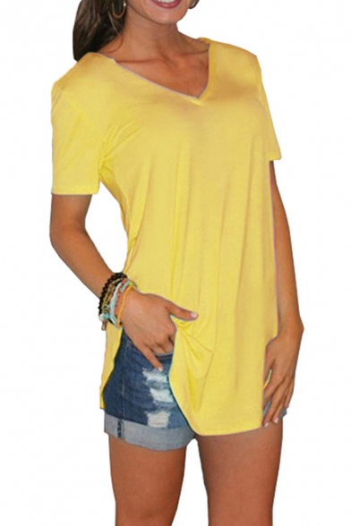 Trendy Women's Tee Top Solid Color V Neck Short Sleeves Split Hem Regular Fitted T-Shirt