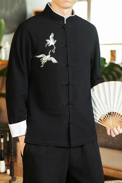 Unique Men's Shirt Crane Embroidered Horn Button Mock Neck Long Sleeve Regular Fitted Shirt