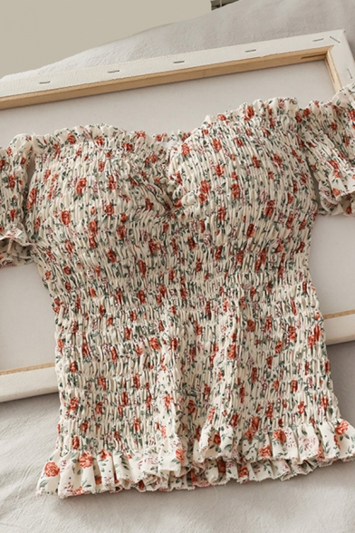 Unique Women's Shirt Blouse Floral Pattern off the Shoulder Short Sleeves Stringy Selvedge Embellished Slim Fitted Shirt Blouse