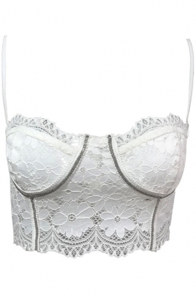 Cute Girls Cami Lace Beading Decoration Slim Fitted Crop Cami in White