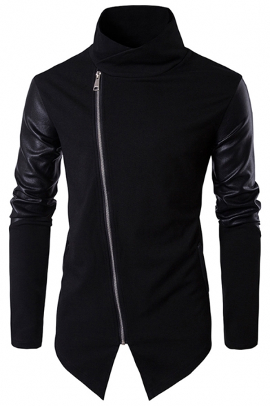 Elegant Men's Sweatshirt Patchwork PU Leather Zip Closure Long Sleeves Stand Collar Fitted Sweatshirt