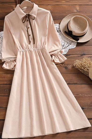 Elegant Woemns Dress Long Sleeve Point Collar Button Up Mid A-line Apricot Dress with Vest