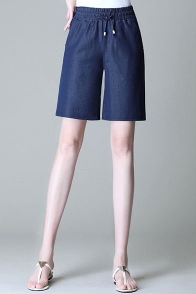 Fashion Womens Shorts Plain Drawstring Waist Straight Denim Shorts