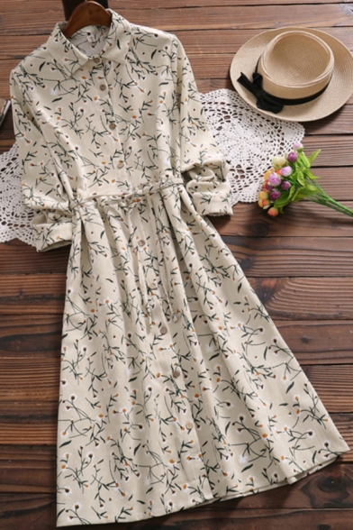 Leisure Womens Dress Ditsy Flower Print Long Sleeve Point Collar Button Up Tied Waist Mid A-line Dress