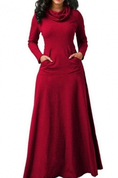Leisure Womens Dress Solid Color Long Sleeve Cowl Neck Maxi A-line Dress