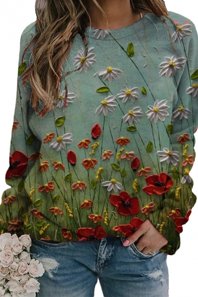 Leisure Womens Sweatshirt Floral Printed Long Sleeve Crew Neck Loose Sweatshirt