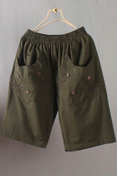 Popular Girls Shorts Cat Embroidery Elastic Waist Straight Shorts