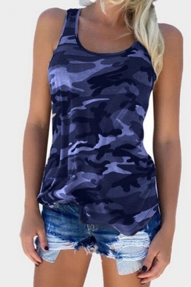 Popular Girls Tank Camo Printed Scoop Neck Relaxed Fit Tank Top