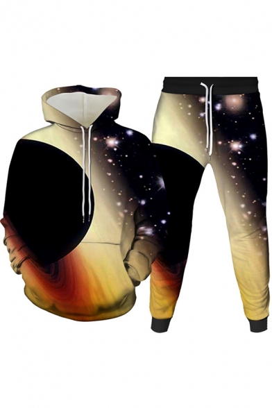 Retro Men's Co-ords 3D Galaxy Graphic Print Kangaroo Pocket Long Sleeve Drawstring Hooded Sweatshirt with Jogger Pants Set