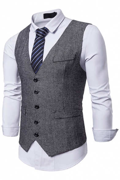 Trendy Men's Suit Vest Button Fly Sleeveless V Neck Sleeveless Notched Hem Slim Fitted Suit Vest