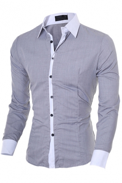 Unique Men's Shirt Contrast Trim Button Fly Long Sleeves Point Collar Regular Fitted Shirt