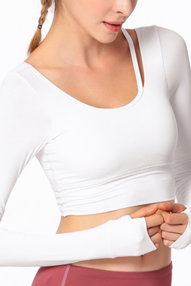 Basic Womens T Shirt Plain Long Sleeve Round Neck Cut Out Fit Crop T Shirt