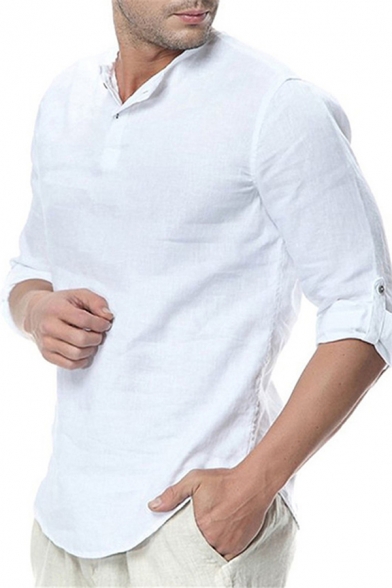 Casual Men's T-Shirt Plain Button Design Long Sleeves Split Hem Regular Fitted Tee Top
