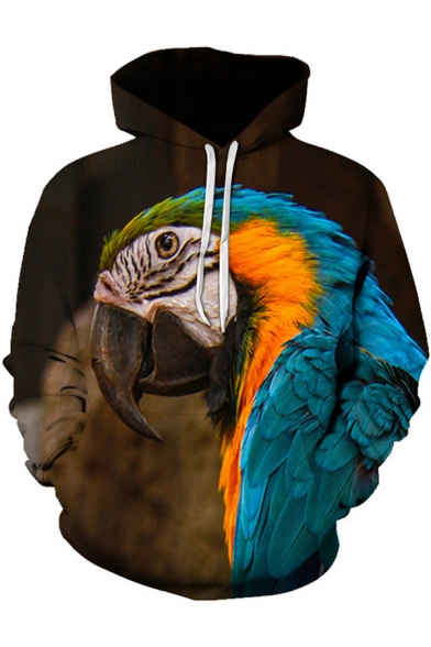 Cozy Men's Hoodie Parrot Digital 3D Pattern Front Pocket Long Sleeve Drawstring Hooded Sweatshirt