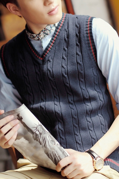 Fancy Men's Knit Vest Cable Knit Contrast Stripe Panel Ribbed Trim V Neck Sleeveless Regular Fitted Knit Vest