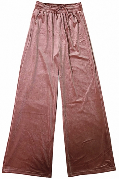 Fancy Women's Pants Pleuche Solid Color Drawstring Elastic Waist Long Straight Pants