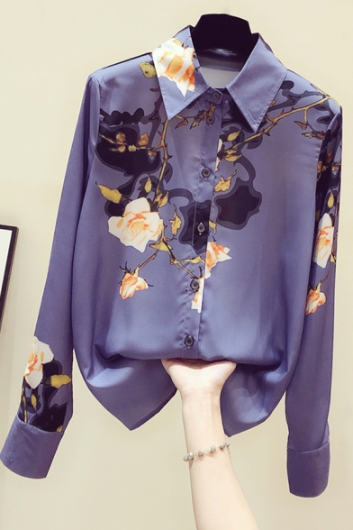 Fancy Women's Shirt Floral Pattern Button Fly Point Collar Long Sleeves Regular Fitted Shirt Blouse