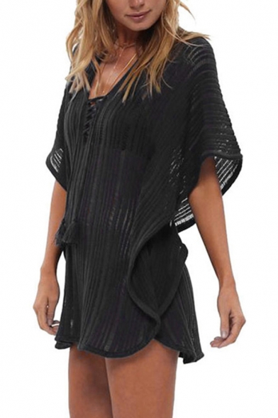 Fancy Women's T-Shirt Dress Stripe Print Mesh Transparent Design Ruffle Hem Batwing Sleeve Split Hem Short T-Shirt Dress