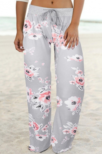 Fashion Girls Pants Sunflower Leopard Pattern Drawstring Waist Long Length Wide-leg Pants