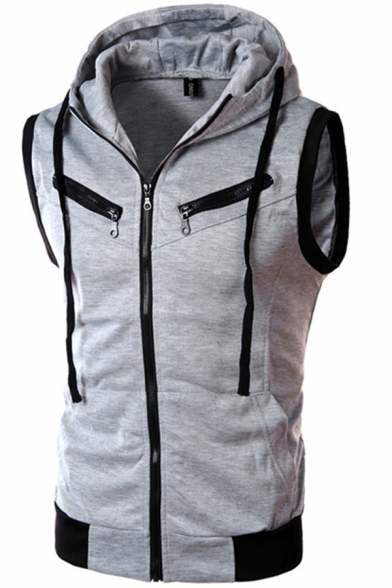Leisure Men's Vest Contrast Trim Zip Fly Front Pocket Sleeveless Drawstring Hooded Vest